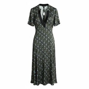 Judith & Charles ✨Silk Floral Midi Dress Olive Green V-Neck Short Sleeve